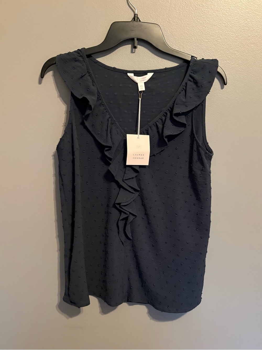 LC Lauren Conrad Navy Ruffle V-Neck Dot Textured Camisole